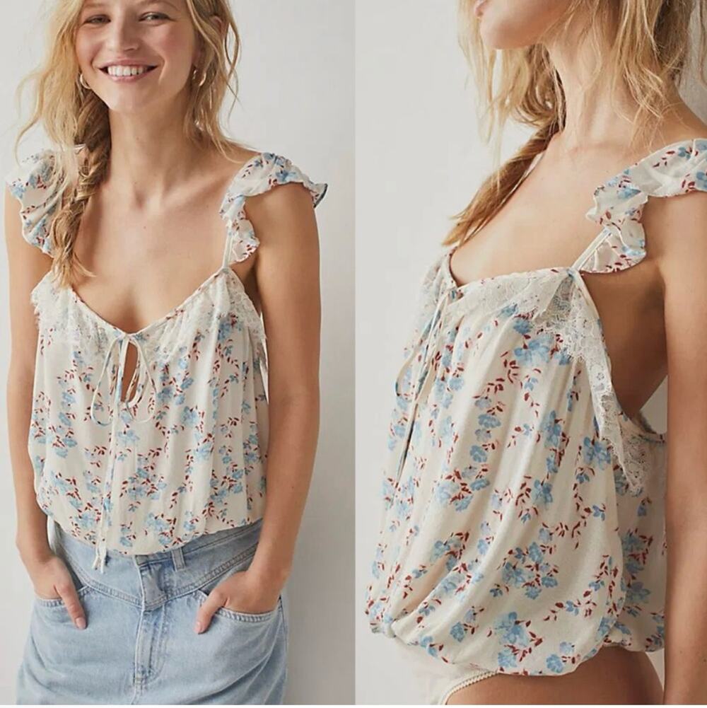 Free People Boho Coquette Take It Away Lace Floral Bodysuit Top Ivory Sz S NWT